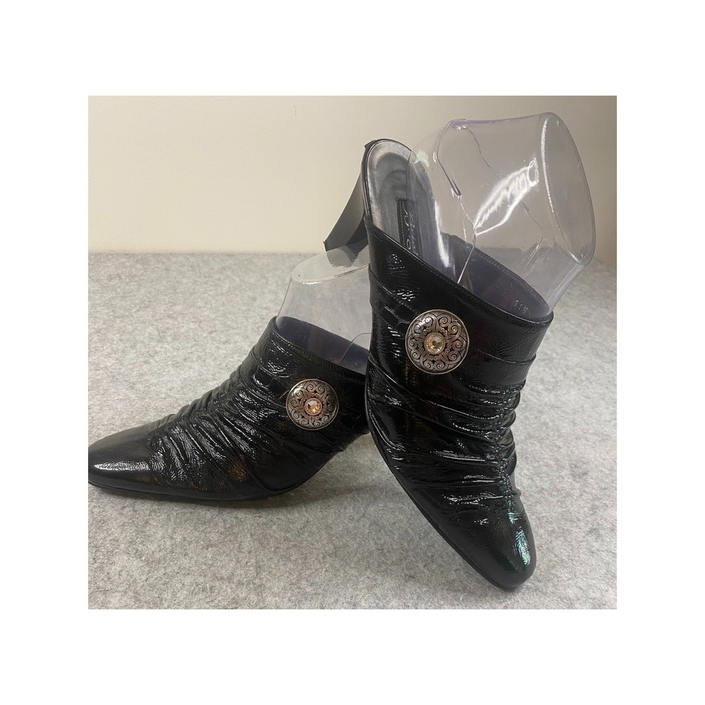 Brighton Rubens Black Patent Leather Ruched Medallion Mule Heels Woman's 9.5M